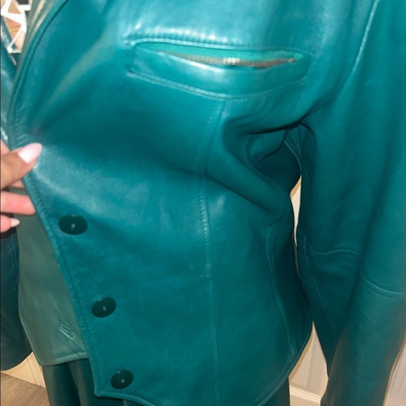 Nancy Heller Rare Vintage Green Genuine Leather Women's Pantsuit Set M - Picture 9 of 9